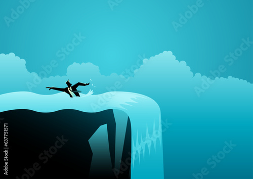Businessman swimming against the current, avoiding the waterfall's edge, vector illustration