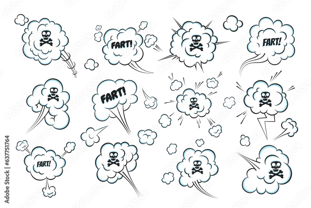 Smelling pop art comic book cartoon fart cloud flat style design vector illustration set with text and skull with crossed bones. Bad stink or toxic aroma cartoon smoke cloud. Smelling pop art comic book cartoon fart cloud flat style design vector illustration set with text and skull with crossed bones. Bad stink or toxic aroma cartoon smoke cloud.