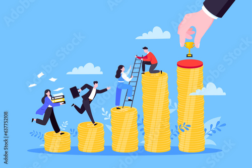 Business mentor helps improve career and money stacks growing. He holds stairs steps vector illustration. Mentorship, upskills, climb help self development strategy flat style design business concept.