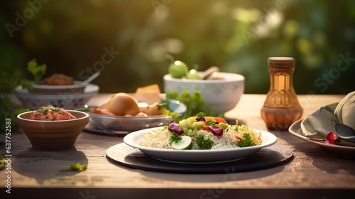 A table filled with Eid and Ramadan food represents the culinary traditions of the Islamic holy month, and is a symbol of communal gathering, hospitality, and celebration 