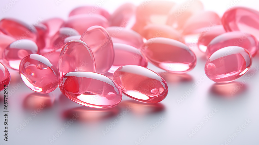 Pink vitamins capsules on a white background. Pink vitamins capsules on a white background.