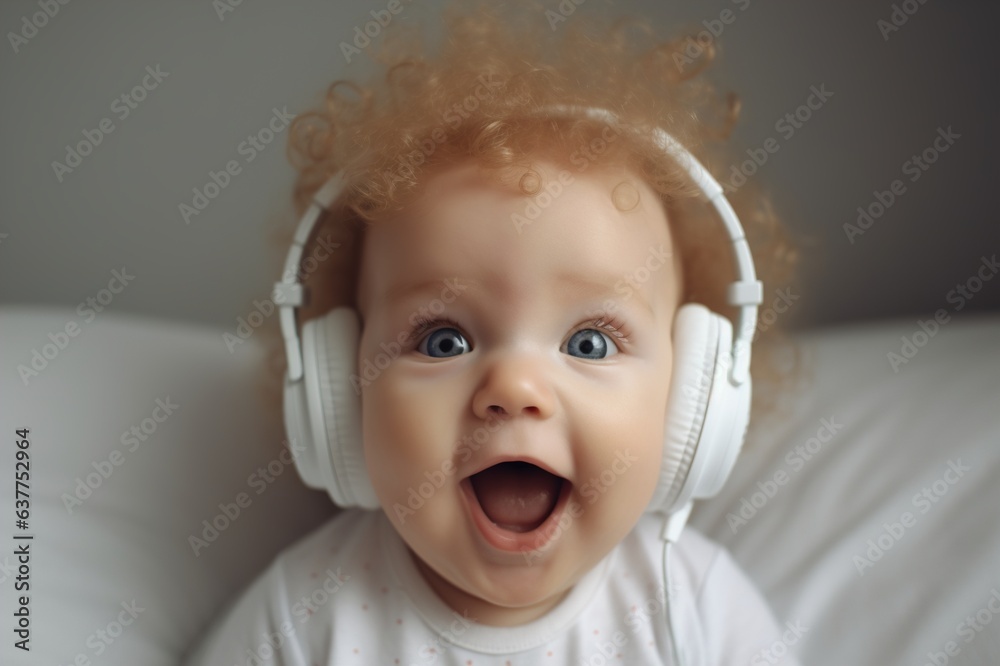 cheerful surprised baby 6 months old wearing headphones to listen to music, music with a positive effect on the concept of cognitive development of the child. generative AI