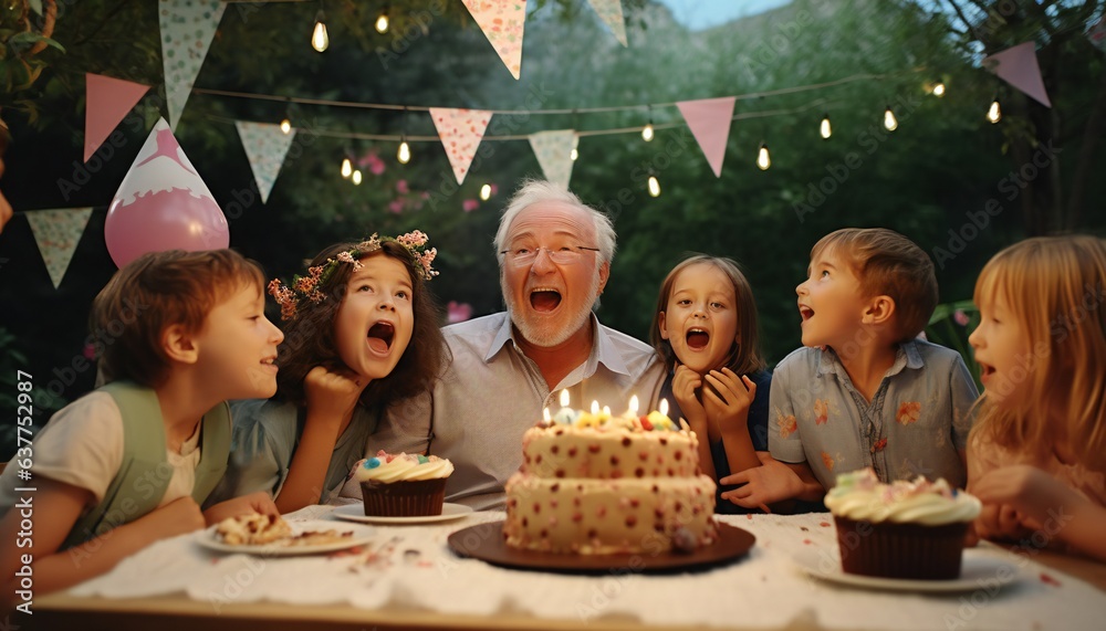 A grandfather with his 5 grandchildren sitting in a garden celebrating happy birthday - obrazy, fototapety, plakaty 