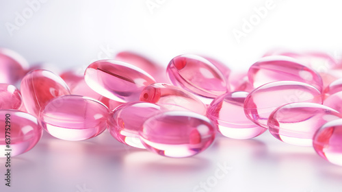 Pink vitamins capsules on a white background. 