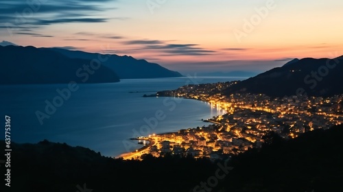 Exciting pano shot of illuminated seashore town from up above, aerial shot