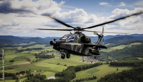 German attack helicopter flies over German landscape