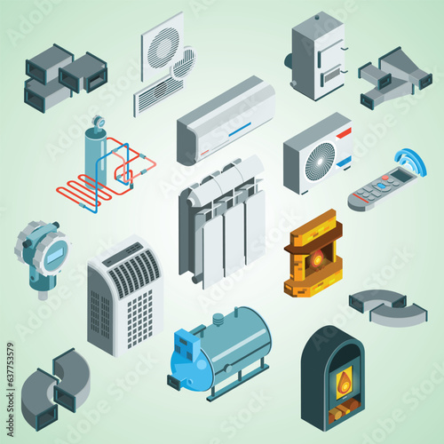 heating cooling system isometric icons set