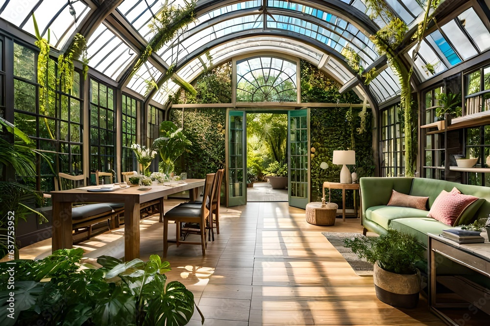 Step into a world of green abundance as you enter an enchanting greenhouse flooded with sunlight. The sun's rays filter through the glass roof, creating a mesmerizing dance of light and shadow on the 