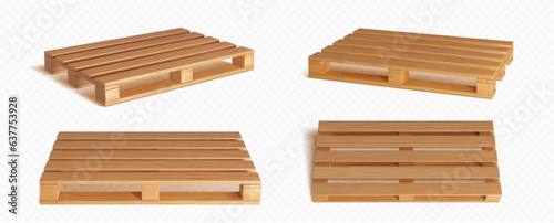3d wooden pallet for crate package isolated vector. Wood loading tray platform for warehouse or storage asset set. Delivery board with realistic timber material texture render and different view
