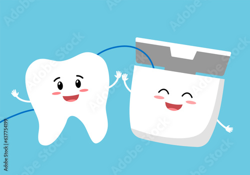 Clean your teeth regularly with dental floss concept. Smiling teeth with dental floss cartoon in flat design. Dental care. Oral healthcare.