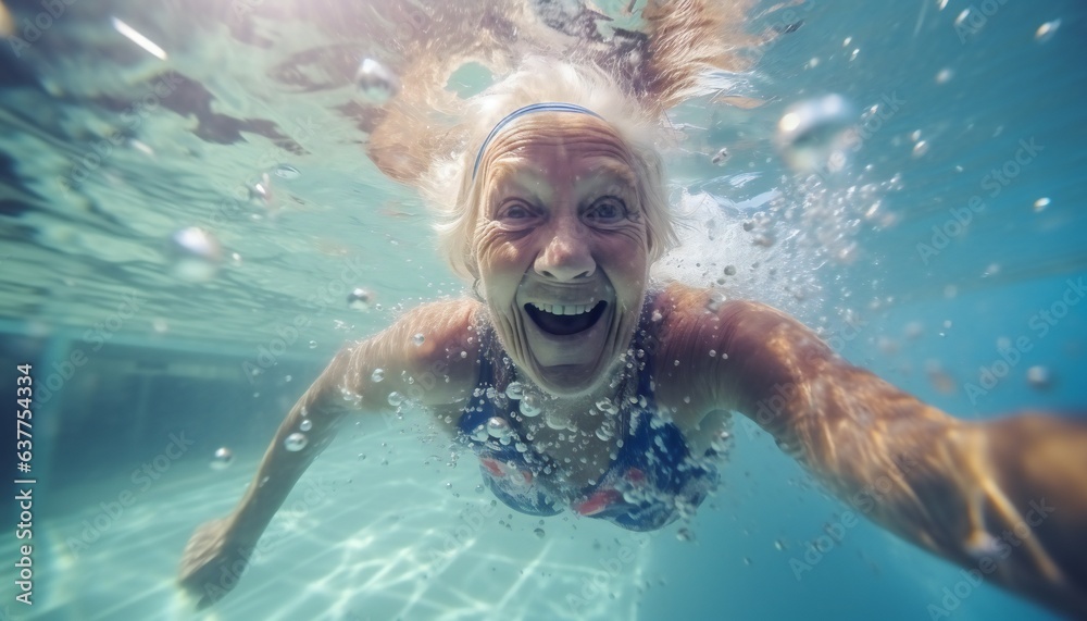 Naklejka premium Healthy senior woman swimming under water in public pool