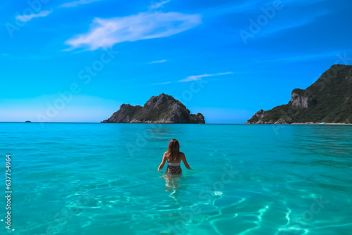 The girl swims in the blue water of the ocean, against the background of rocks. Summer Vacation © Uliana