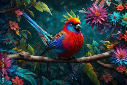 A vibrant and exotic bird with feathers in a mesmerizing array of colors perches gracefully on a lush, flowering branch, its plumage reflecting a kaleidoscope of hues, the intricate patterns 3d render © Ahtesham