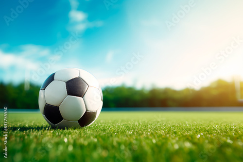 A soccer ball on a soccer field with a place for texts. Sport and healthy lifestyle concept. Playing soccer © Uliana
