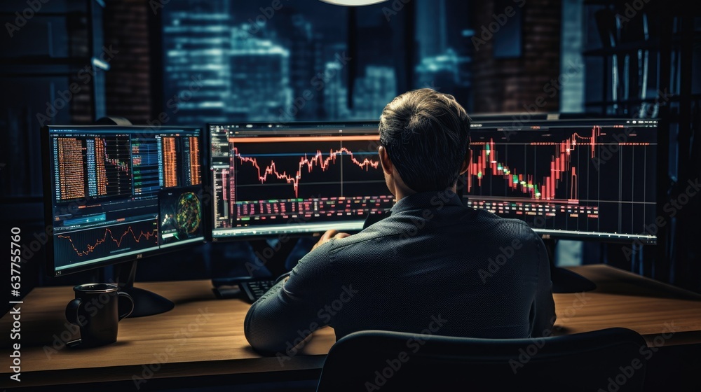 professional trader and investor with a desk full of big trading charts on display screens