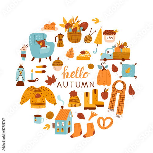 Hello autumn card with  leaf  pumpkins  sweater and others. Vector illustration