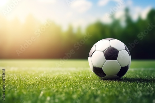 A soccer ball on a soccer field with a place for texts. Sport and healthy lifestyle concept. Playing soccer