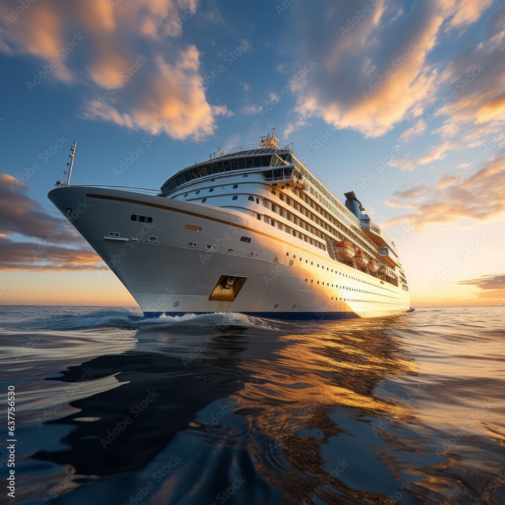 Giant cruise ship at sunset sailing through the sea with a cloudy orange sky on the background. Big cruise liner sailing on a sunny evening with calm water. Large luxury cruise ship in open sea water. - obrazy, fototapety, plakaty 