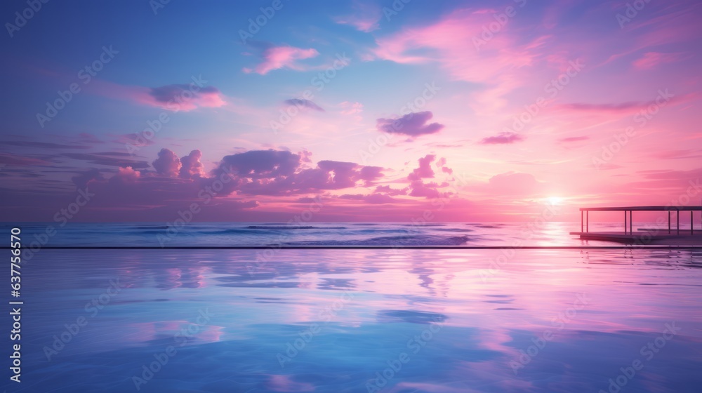 Beautiful pink sunset at sea with a cloudy pink sky. Amazing pink sunrise at ocean. Bright sun with pink clouds at sea in the evening. Gorgeous sunset with a stunning peach sky and clear ocean water.