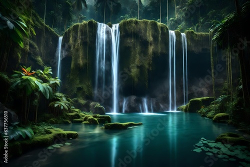 Amazing waterfall near Ubud in Bali  Indonesia. Secret Bali jungle Waterfall 3d render