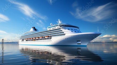 Giant cruise ship sailing through the sea on sunny day with a blue sky on the background. Big white cruise liner sailing in the ocean with calm water. Large luxury cruise ship in the clean open sea. © Valua Vitaly