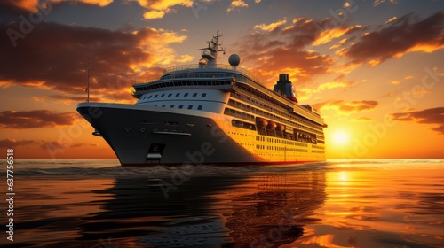 Giant cruise ship at sunset sailing through the sea with a cloudy orange sky on the background. Big cruise liner sailing on a sunny evening with calm water. Large luxury cruise ship in open sea water. © Valua Vitaly