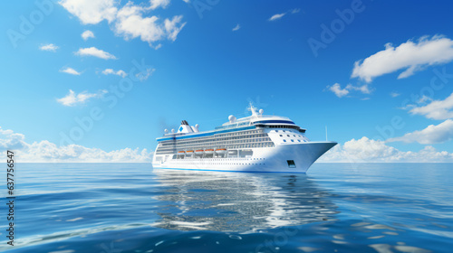 Giant cruise ship sailing through the sea on sunny day with a blue sky on the background. Big white cruise liner sailing in the ocean with calm water. Large luxury cruise ship in the clean open sea. © Valua Vitaly