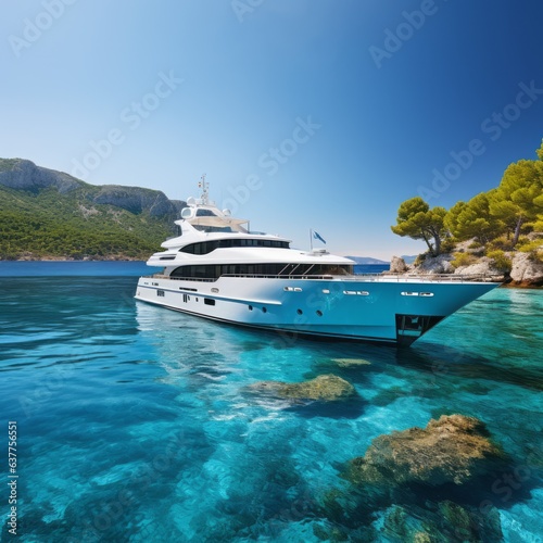 Big luxury yacht sailing through the sea with an island and a blue sky on the background. Large superyacht sailing on a bright sunny day with clear calm water. Giant mega yacht in transparent water.