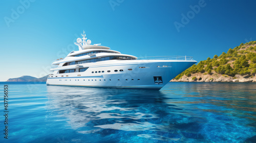 Big luxury yacht sailing through the sea with an island and a blue sky on the background. Large superyacht sailing on a bright sunny day with clear calm water. Giant mega yacht in transparent water. © Valua Vitaly