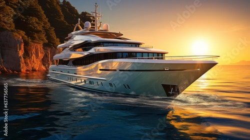 Big luxury yacht at sunset sailing through the sea with a cloudy orange sky on the background. Large superyacht sailing on a sunny evening with clear calm water. Giant mega yacht in the open sea water photo