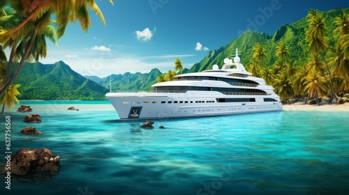 Big luxury yacht sailing through the sea with an island and a blue sky on the background. Large superyacht sailing on a bright sunny day with clear calm water. Giant mega yacht in transparent water.