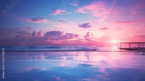 Beautiful pink sunset at sea with a cloudy pink sky. Amazing pink sunrise at ocean. Bright sun with pink clouds at sea in the evening. Gorgeous sunset with a stunning peach sky and clear ocean water.