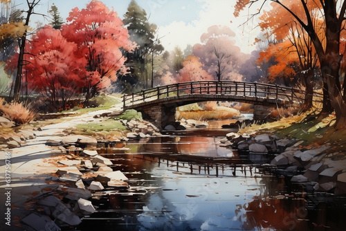 Autumn landscape with bridge and river. Digital watercolor painting.