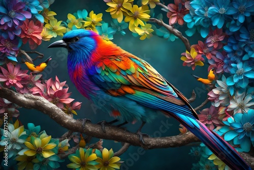 A vibrant and exotic bird with feathers in a mesmerizing array of colors perches gracefully on a lush, flowering branch, its plumage reflecting a kaleidoscope of hues, the intricate patterns 3d render