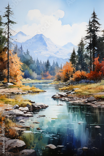 Autumn landscape with river, trees and mountains. Digital painting. © ako-photography
