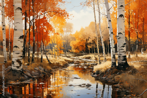 Digital painting of birch forest in autumn with river and reflections