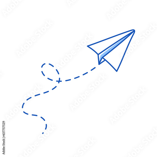 Paper airplane vector icon. Doodle outline style blue color paper airplane. Simple origami aircraft element. Drawing doodle vector illustration.