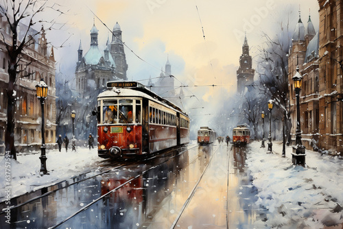 Digital painting of a red trams on the street in winter.
