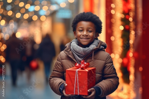 Little African American boy with a Christmas gift on the background of the Christmas tree in mall. He is smiling and looking at camera. Christmas sales concept.