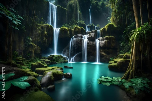 Amazing waterfall near Ubud in Bali  Indonesia. Secret Bali jungle Waterfall 3d render 