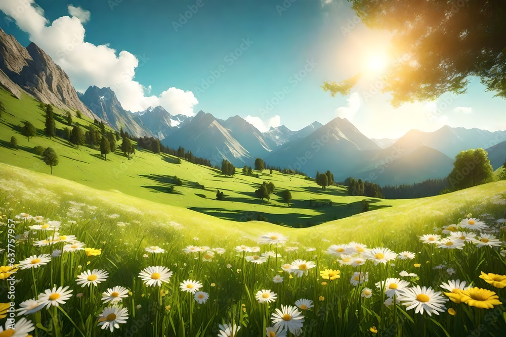 Fresh green meadows and blooming wildflowers, sun ray. Beautiful nature countryside view, rural sunny outdoor natural.