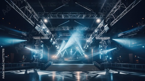 stage with illuminated lights is present in the foreground, and a second stage forms the background
