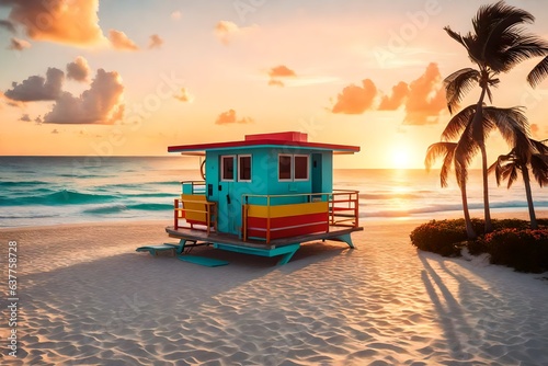Sunrise in Miami Beach Florida, with a colorful lifeguard house in a typical Art Deco architecture, at sunrise with ocean and sky in the background. 3d render © Ahtesham