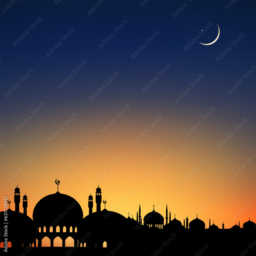Islamic card with Silhouette Dome Mosques,Crescent moon on sky background,Vetor Ramadhan Night with twilight dusk sky for religion,Eid al Adha,Eid Mubarak,Eid al fitr,Ramadan Kareem,New year Muharram Islamic card with Silhouette Dome Mosques,Crescent moon on sky background,Vetor Ramadhan Night with twilight dusk sky for religion,Eid al Adha,Eid Mubarak,Eid al fitr,Ramadan Kareem,New year Muharram