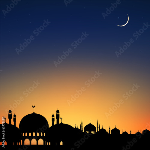 Islamic card with Silhouette Dome Mosques,Crescent moon on sky background,Vetor Ramadhan Night with twilight dusk sky for religion,Eid al Adha,Eid Mubarak,Eid al fitr,Ramadan Kareem,New year Muharram