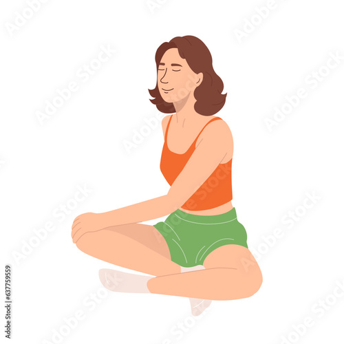 Young girl stretching and doing yoga exercises in the morning. Morning routine. Healthy lifestyle, training and sports. Vector illustration in flat style on a white background