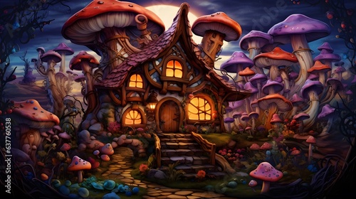 Fairy tale house on a hill in a magical forest. A forest fairy tale concept.