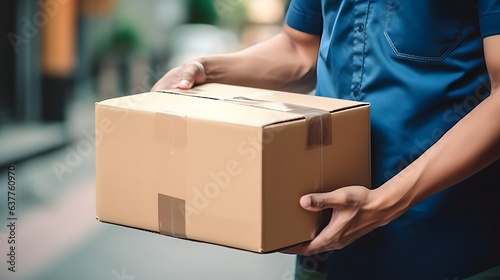 Delivery man holding package to deliver. Courier holding cardboard box