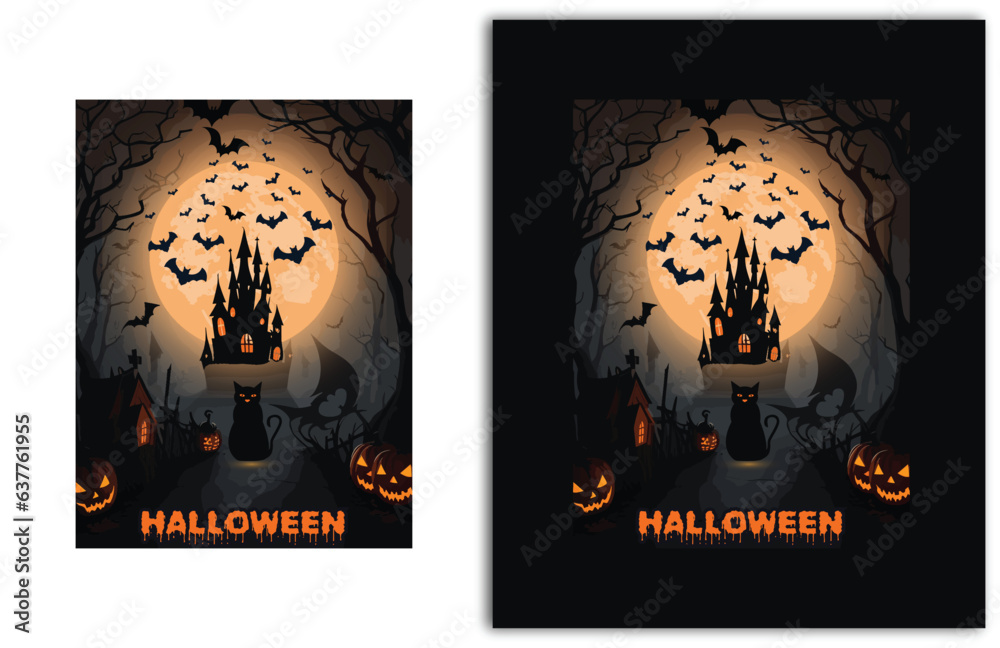 Halloween background with scary pumpkins and bats in a dark forest at night with a party borer background