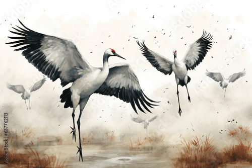Foto flock of cranes painting, crane background design, watercolor style